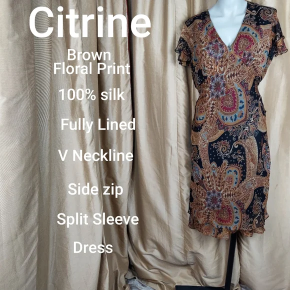 Citrine Dresses | Citrine Brown Floral 100% Silk Dress Size 8 | Color: Brown | Size: 8 | Theredtagsale's Closet